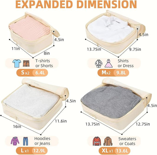 BAGAIL 4 Set/6 Set/8 Set Compression Packing Cubes Travel Accessories Expandable Packing Organizers (Square Mesh, 06-Beige)