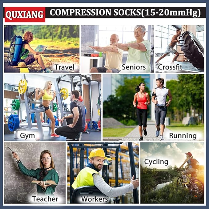 QUXIANG Copper Compression Socks for Women & Men Circulation (8 Pairs) - Best for Running Athletic Cycling - 15-20 mmHg