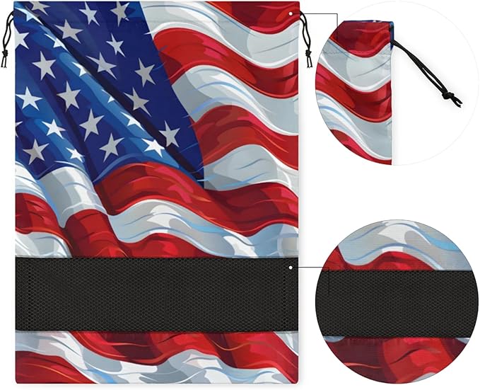 Flag US Travel Shoe Bag Waterproof Portable Shoe Bags for Storage with Drawstring,Breathable Mesh Washing Organizer for Laundry Sneakers Boots Dance Shoes