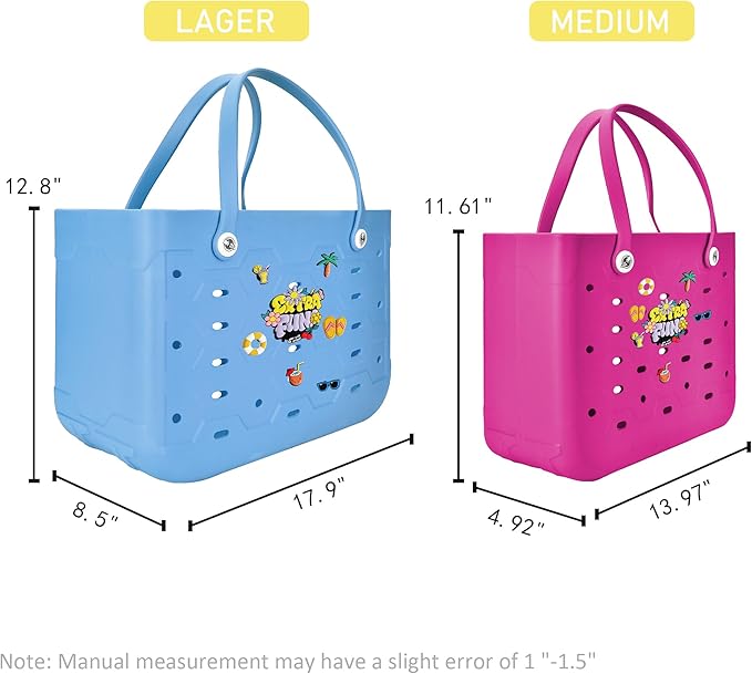2-Piece Tote Bag Set, Waterproof Rubber Beach Bag with Summer Pattern, Medium & Large Handbag for Pool, Beach, Boat