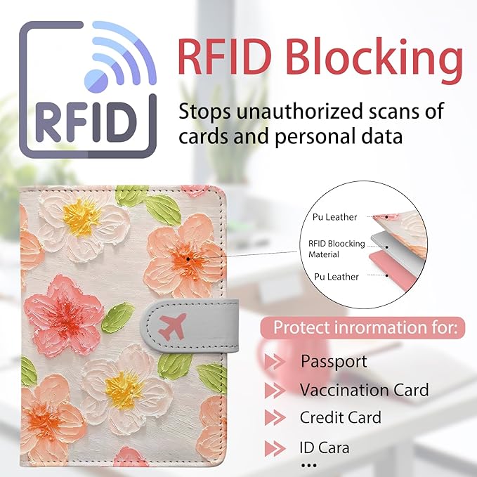 Passport Holder, Travel Wallet Cover with Pen Loop | Cute RFID Blocking Leather Case with Magnetic Closure for Travel Essentials-Flower