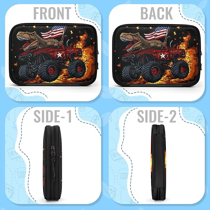 Truck Dinosaur Travel Cable Organizer Pouch American Flag Electronics Accessories Carry Case Portable Water Resistant Storage Bag for Cord Charger Phone Earphone SD Card