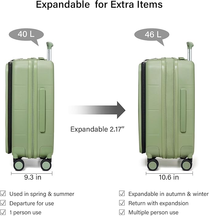 Hanke Hardside Expandable Carry On Luggage, 20 Inch Top Opening Trunk Luggages with Spinner Wheels, All-PC Hard Shell Carry-On Suitcase, Lightweight & TSA Airline Approved (Bamboo Green, 46L)