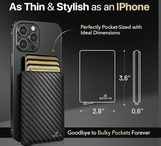 GRATIA Slim Wallet for Men - RFID Blocking, Minimalist Credit Card Holder, Stylish Men Wallet for Security & Convenience, Front & Back Pocket Cardholder, Holds 8 Cards (Carbon)