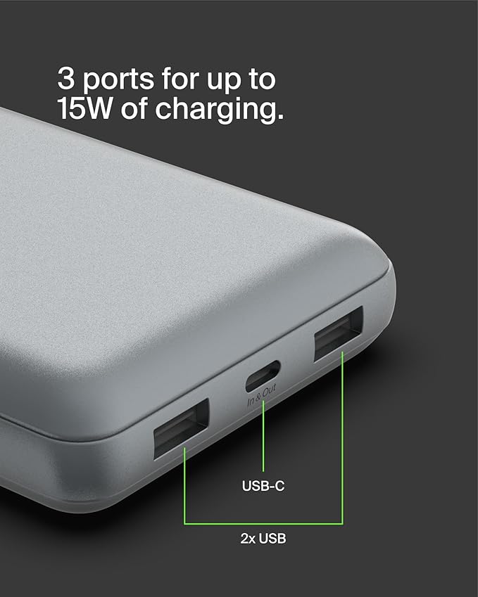 Belkin Portable Charger, USB C Power Bank 20000 mAh w/ 2 USB-A Ports, 15W w/A to C Cable - iPhone 17, Air, Pro, Pro Max, AirPods, Samsung Galaxy S25, iPad, Nintendo Switch 2, Google Pixel 10 - Gray