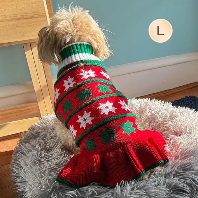KYEESE Dog Christmas Sweater Pullover Dog Sweater for Small Dogs Warm Dogs Coats Pet Clothes Pet Sweater Dress with Snowflake Pattern Turtleneck Knit Pet Sweater for Girl with Leash Hole, Red, Large