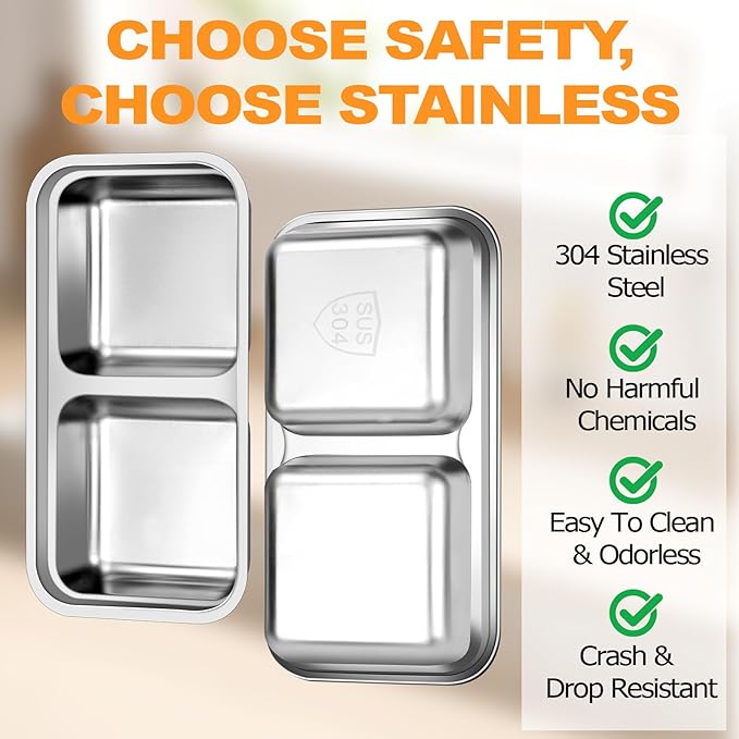 vovoyager Stainless Steel Snack Containers with Lids, Reusable Bento Lunch Container Box, Food Storage, Leak Proof, Dishwasher-Safe, Grab and Go for Work, 6 Pack (Double Compartment) -With 6 Forks