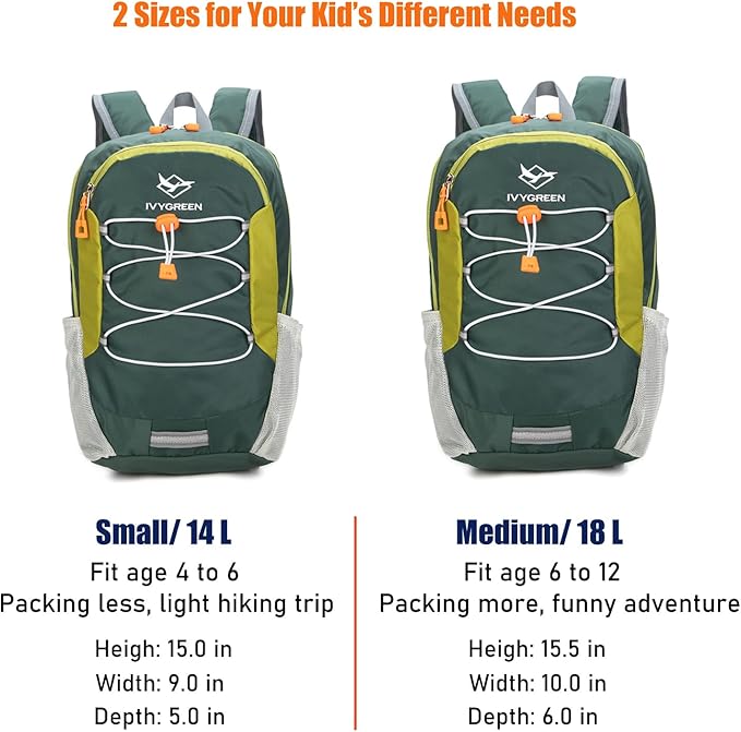 IVYGREEN Little Kids Hiking Backpack for Boys or Girls, Small Daypack for Camping or Travel (Green, Medium)