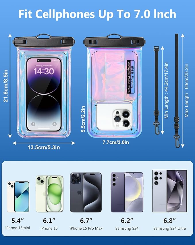 Waterproof Phone Pouch Floating, IPX68 Waterproof Phone Case with Lanyard for iPhone 16 15 14 13 12 Pro Max Samsung S25 S24 S23 S22, Up to 7 Inch, Beach Vacation Essentials, Dazzling Purple