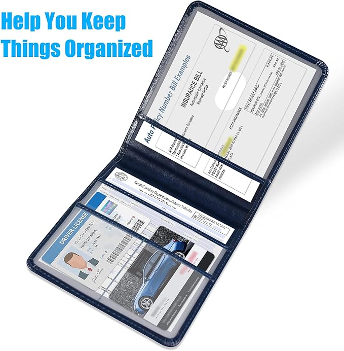 DMLuna Car Registration and Insurance Holder, Folio Leather Vehicle Card Document Glove Box Organizer, Auto Truck Compartment Accessories for Essential Information, Driver License Cards, Dark Blue