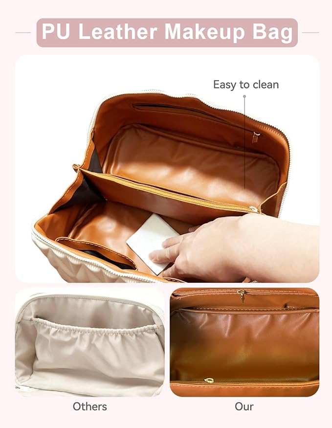Travel Makeup Bag for Women, Large Capacity Cosmetic Bags for Girls, Compact Pouch Make up Organizer, Waterproof Toiletry Bag with Divider and Handle (White)