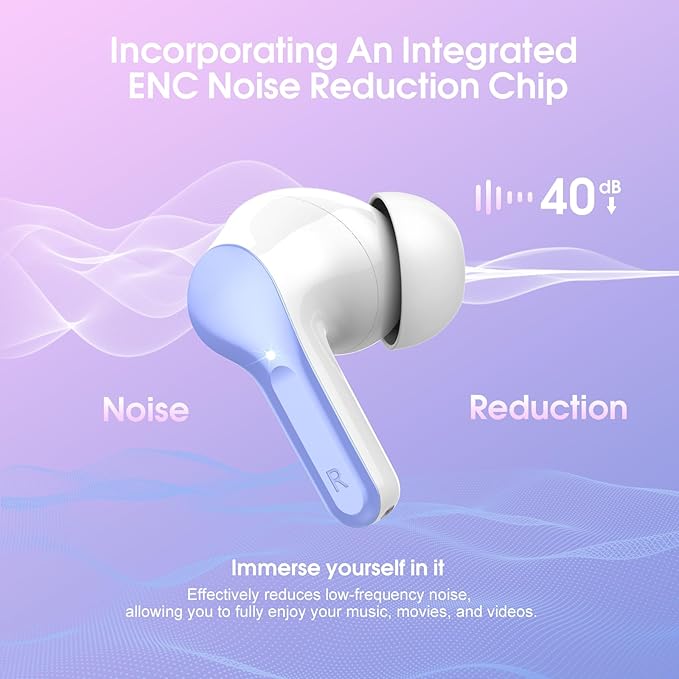 Wireless Earbuds, Bluetooth 5.4 Headphones HiFi Stereo, Bluetooth Earbuds with ENC Noise Cancelling Mic, IP7 Waterproof in Ear Earphones, 48H, LED Display Ear buds for Pad Phones Workout, White Purple