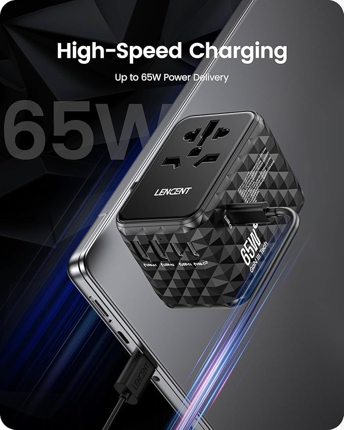 LENCENT 65W GaN International Travel Adapter with 2 USB-A & 3 Type C Ports, Fast Charger for Phones & Laptops, Worldwide Plug Adapter for USA/UK/EU/AUS, Black