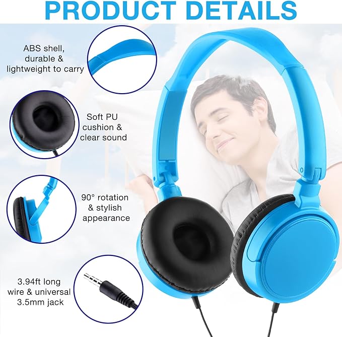 Yunsailing 18 Pack Classroom Headphones Bulk Student Wired Class Headphones Set for School with Individually Wrapped Adjustable Over Ear Head Earbuds (Blue)