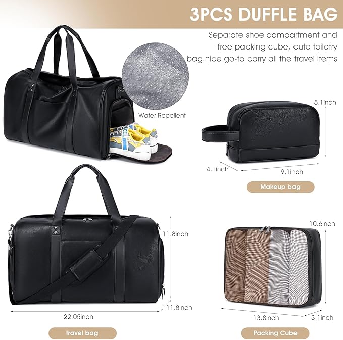 Wogarl 3PCS Leather Weekender Bag for Women Men: Large Overnight Travel Duffel Bags with Shoe Compartment Toiletry Packing Cube Carry On Tote Fit 21"(Black)