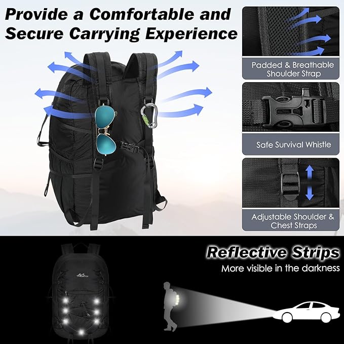 MoKo Hiking Backpack, 40L Large Capacity Camping Backpack with Multiple Pockets, Tear-Resistant Travel Daypack for Men Women, Packable and Lightweight Hiking Daypack for Travel Camping Outdoor, Black