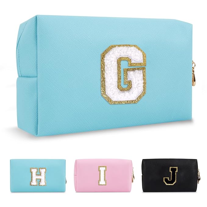 Small Personalized Initial A-Z Preppy Patch Makeup Bag,PU Chenille Letter Travel Cosmetic Pouch with Zipper,Blue Cute Toiletry Bag,Gift Ideal for Teen Girls Women Teacher Bridesmaid,Letter G