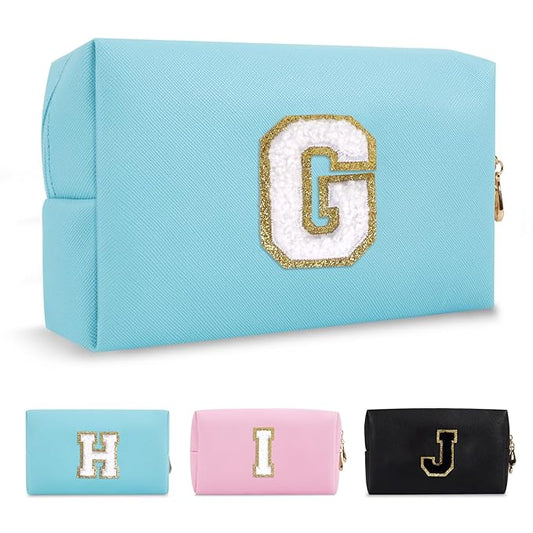 Small Personalized Initial A-Z Preppy Patch Makeup Bag,PU Chenille Letter Travel Cosmetic Pouch with Zipper,Blue Cute Toiletry Bag,Gift Ideal for Teen Girls Women Teacher Bridesmaid,Letter G
