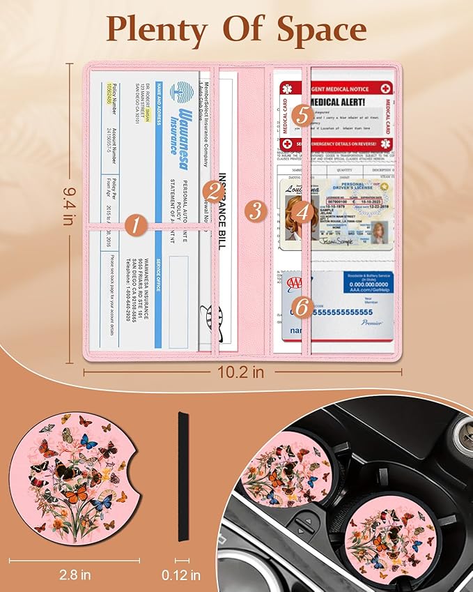Slohif Car Registration and Insurance Card Holder with Magnetic Shut - Vehicle Glove Box Organizer Women Leather Automobile License Holders Coasters Auto Accessories Case for Document Butterfly