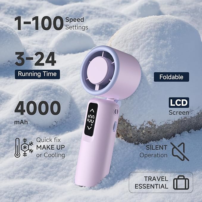 Guirngou Portable Handheld Turbo Fan, 1-100 Gear Wind, Battery Operated, Up to 23 Working Hours, 3 IN 1 Personal Fan with Air Turbo Tech, Cooling Essentials for Indoor/Outdoor(Purple)