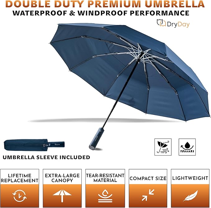 DryDay Premium Umbrellas for Rain, Large Windproof Double Canopy Umbrella, 10 Aluminum Ribs, Sturdy Frame, Auto Open Close Unique Handle, Windproof & Waterproof Umbrella for Women & Men