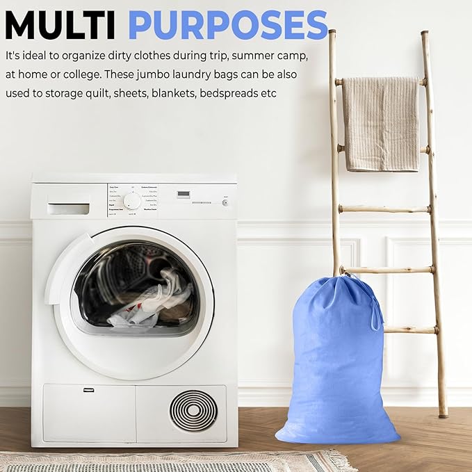 2 Pack - Extra Large Cotton Laundry Bag, Heavy Duty Large Laundry Bags 24 x 36 inch XL Drawstring Travel Organizer Bag Fit Hamper Basket Camp (BLUE, Pack of 2)