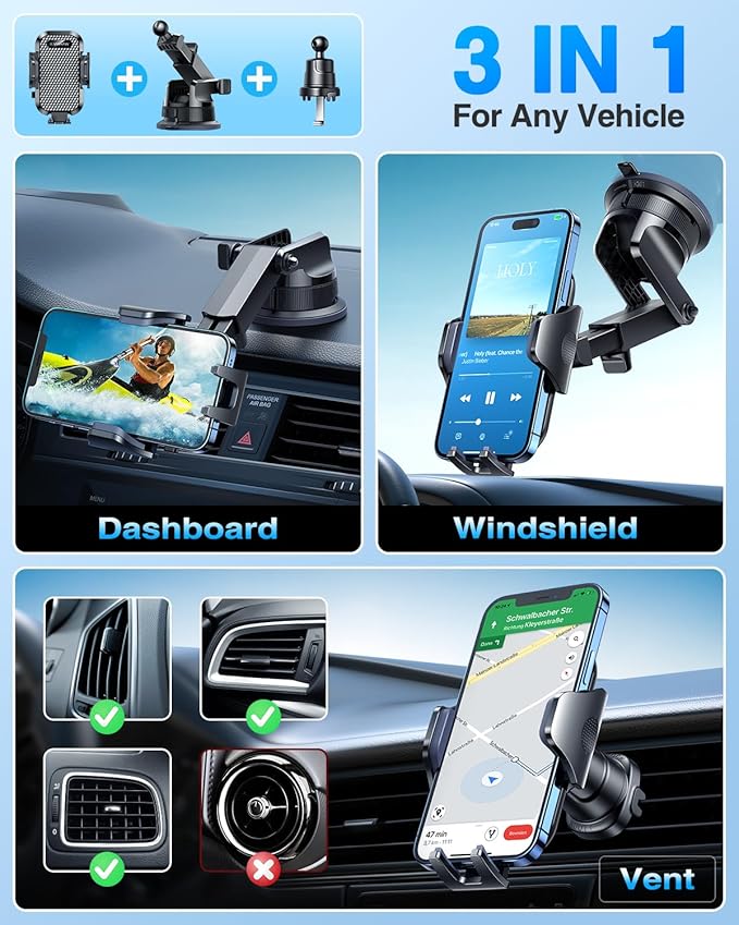 [2026 True Military-Grade] Car Phone Holder VANMASS [Upgraded Strongest Suction & Clip] Cell Phone Mount for Dashboard Windshield Vent Wall,Truck Cradle Stand for iPhone 17 Pro Max 16 15 14 13 Android