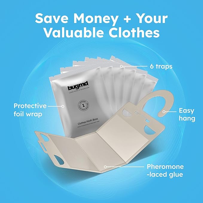 BugMD Clothes & Pantry Moth Traps (6 Count) – Sticky Glue Pheromone-Based Repellent for Closets, Cabinets & Wardrobes – Non-Toxic - Black