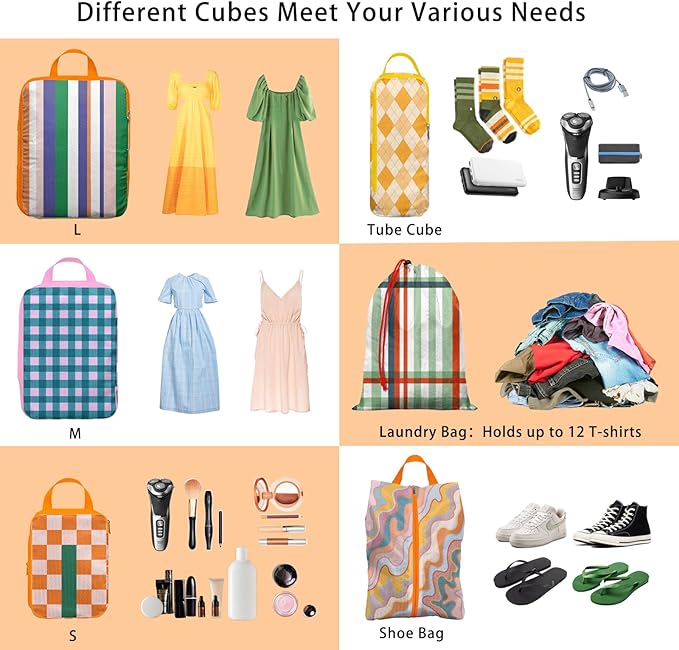6 Pcs Compression Packing Cubes, Packing Cubes for Travel, Waterproof Luggage Organizer Bags Set, Cute Packaging Cubes for Women Kids Backpack Carry-Ons