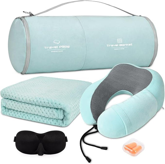 Travel Pillow and Blanket Set Neck Pillows Soft Blankets with Sleep Mask Travel Essentials for Airplane Car Memory Foam Blue Green