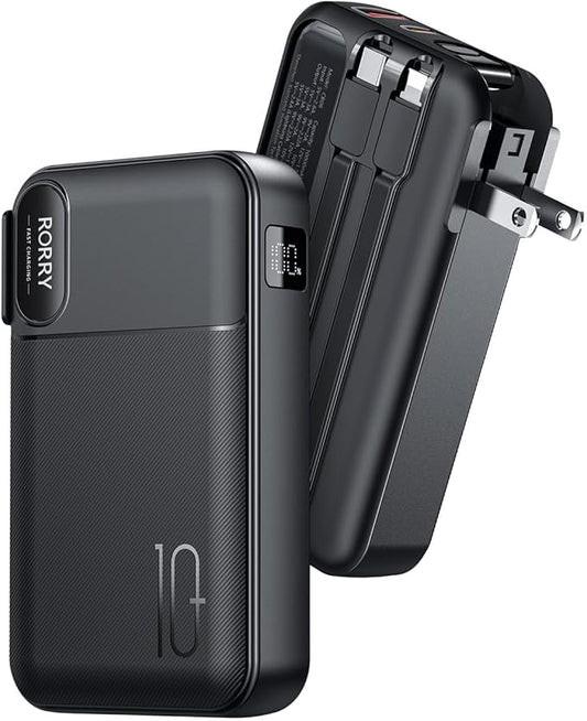 RORRY Portable Charger Built in Cables, AC Wall Plug In Portable Charger Power Bank 10000mAh Travel Battery Pack 22.5W Fast Charging for iPhone 17/16/15 Samsung Galaxy S24/S23/S22 Pixel LG iPad, Black