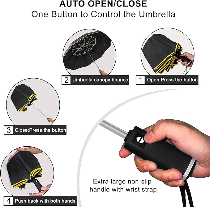 Satol Extra Large Golf Umbrella, 46/54/62 Inch Windproof 10 Ribs Vented Double Canopy Reflective Strips Automatic Open/Close Waterproof UV Protection Portable Compact Umbrella for Outdoor & Travel