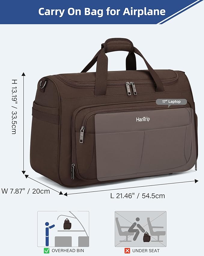 HanTrip Carry on Duffel Bag Foldable Duffle Bags for Travel, Large Personal Item Bags for Airplanes, Weekender Overnight Mens Travel Tote Bag for Women Softside Carry on Luggage (Coffee)