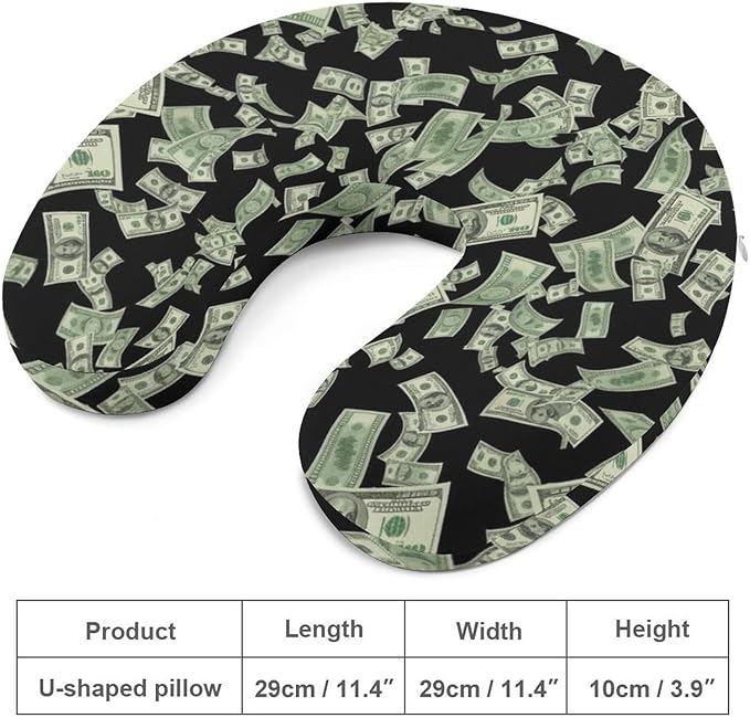 Unisex Travel Neck Pillow Memory Foam U Shaped Cushion Money American Bill Dollars, Washable Cover for Men Women Airplane Car Home Rest