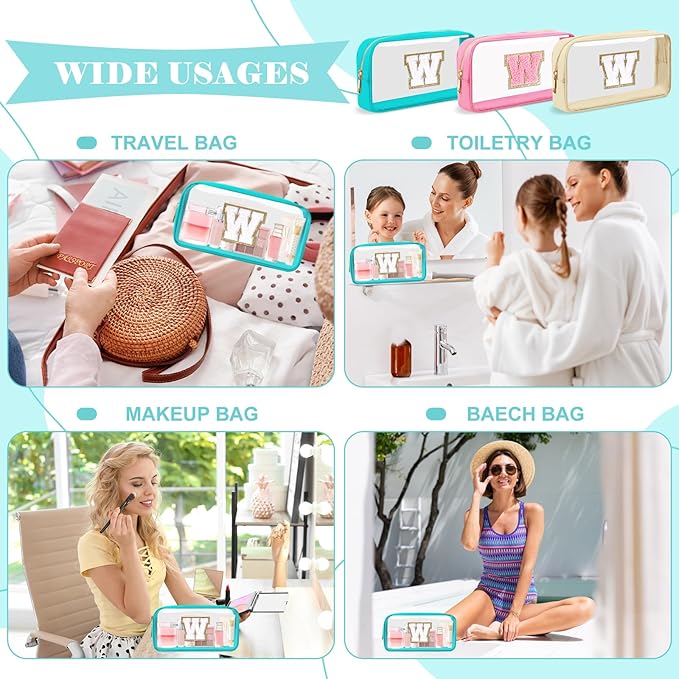 Personalized Initial Letter Clear Makeup Bag,Preppy Small Nylon&PVC Cosmetic Zipper Bag with Chenille Letter,Portable Beach Travel Skincare Toiletry Bag,Trendy Monogram Gift for Teen Girls Women,W