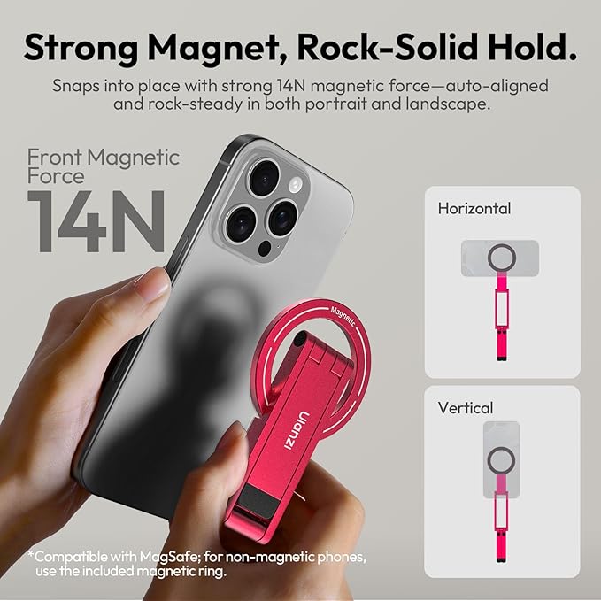 ULANZI MA60 Magnetic Phone Tripod Stand for iPhone - Aluminium Smartphone Mini Tripod Pocket Cell Phone Stand Strong Magnet Quick Mount Compatible with iPhone 16 15 14 13 14 Series, Red
