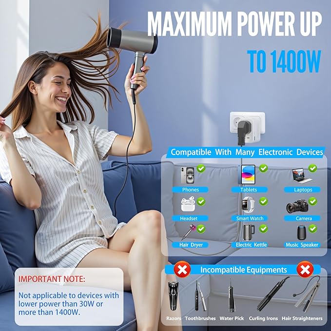 220V to 110V Voltage Converter US to Europe Travel, Adapter Plug Converter for European Travel with 20W PD & 2 USB-A & 2 USB-C Port, European Power Converter Combo USA to Spain Italy France (White)