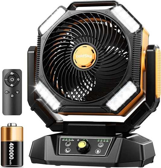 coldSky 𝟰𝟬𝟬𝟬𝟬𝗺𝗔𝗵 Camping Fan, Battery Operated with 4 LED Light, 8 Speeds DeskFan with Remote, Portable Rechargeable Outdoor Fan with Hook for Tent, Power Outages Yellow