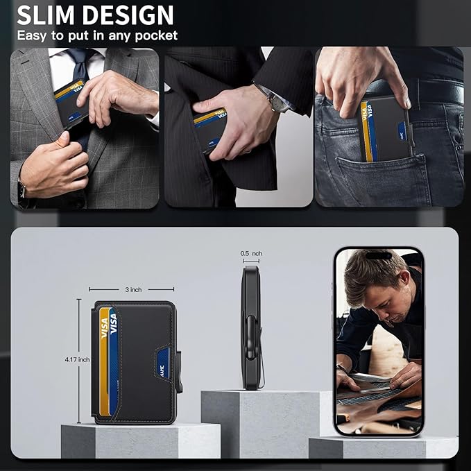 Wallet for Men, Mens Wallet Minimalist Slim Wallet, RFID Blocking Smart Pop Up Wallet with Money Clip & ID Window, Metal Compact Wallet, Aluminum Credit Card Holder Wallet