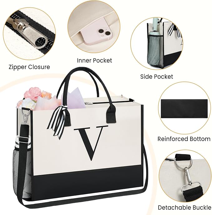 BAGAIL Initial Tote Bag, Personalized Birthday Gifts for Women, Teacher, Friends, Mom, Wedding, Monogrammed Beach Bag