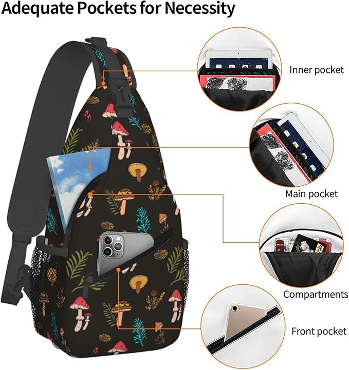 Botanical Mushroom Sling Backpack Crossbody Bag Casual Chest Bags Travel Hiking Daypack Shoulder Bag for Women Men