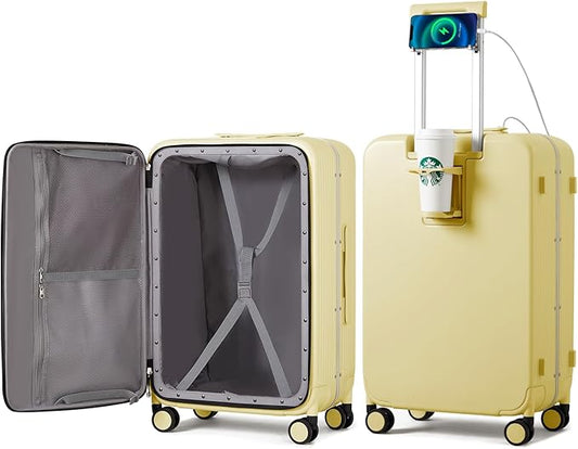 mixi Checked Luggage with Cup Phone Holder and Charger Hard Shell Suitcases with Spinner Wheels, 24 Inch Lark Yellow