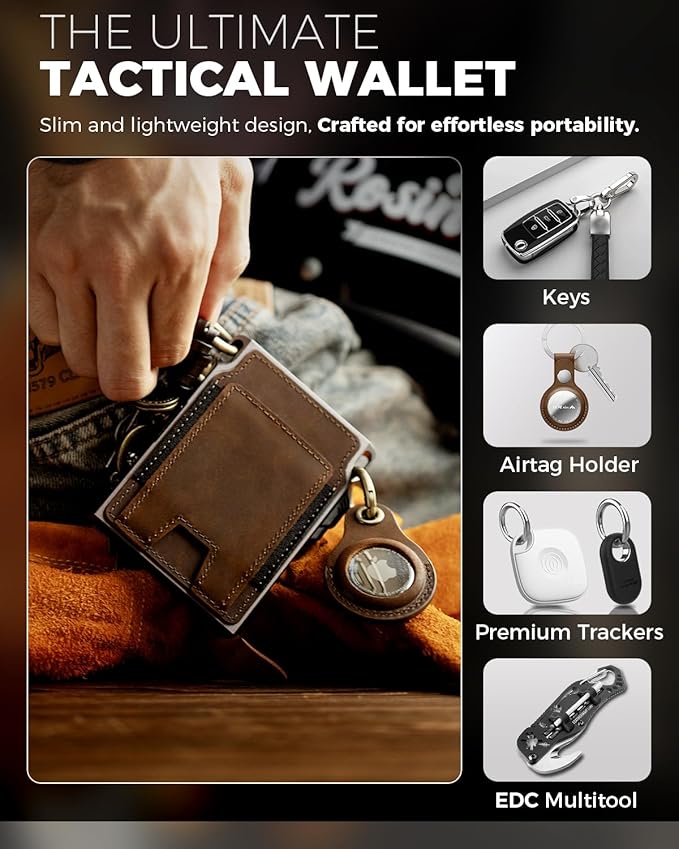 LORZOR Slim Tactical Wallet for Men- Minimalist Front Pocket Full Grain Leather Wallet for 12 Cards, RFID Blocking Aluminum Cardholder, Smart Pop Up Card Case, Money Clip, Gift Boxed(DistressBrown)