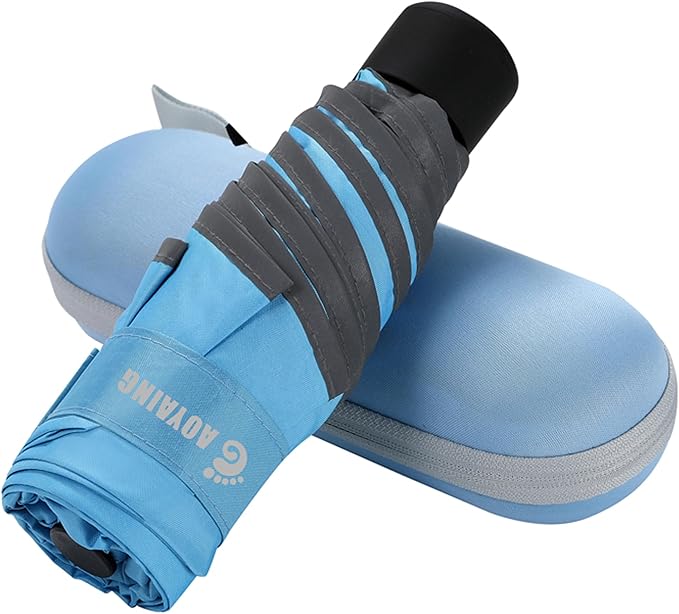 GAOYAING Mini Compact Travel Umbrella with Reflective Safety Stripes, Portable Folding Design with Case