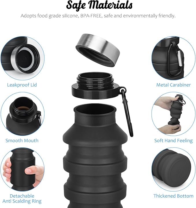 Nefeeko Collapsible Water Bottle, Reuseable BPA Free Silicone Foldable Water Bottles for Travel Gym Camping Hiking, Portable Leak Proof Sports Water Bottle with Carabiner