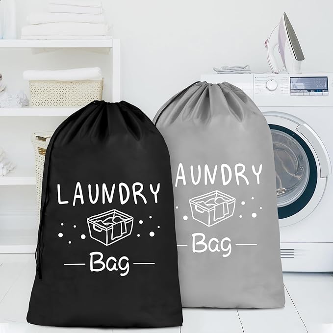 Sylfairy 2 Pack Extra Large Travel Laundry Bag, Rip-Stop Dirty Clothes Shoulder Bag with Drawstring, Heavy Duty Travel Laundry Bag, Large Laundry Hamper Liner (Black+Light Grey, 24" x 36")