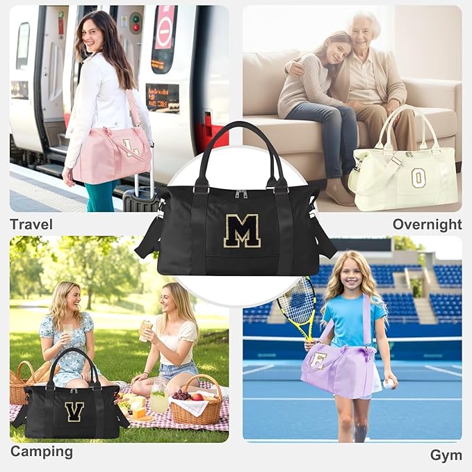 Dance Gym Duffel Bag for Teen Girls, Personalized Initial Travel Weekender Bag,Cute Overnight Carry On Duffle for Women,Sports Travel Cheer Bag,Monogram Christmas Gifts for Tween Preppy(black-M)