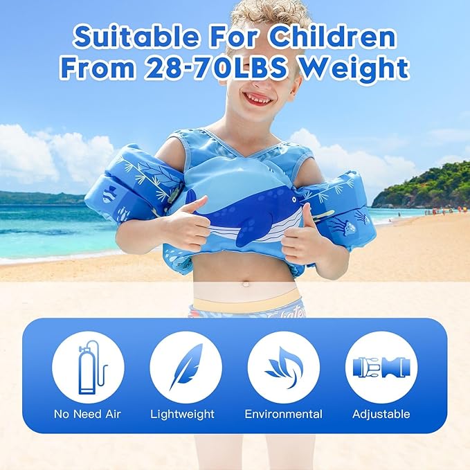 REALIKE Kids Swim Vest for Toddler Floaties Swimming Aids with Shoulder Harness Arm Wings for Children/Infant/Baby,Sea Beach/Pool/Lake, Suitable for 28-70lbs Boys/Girls