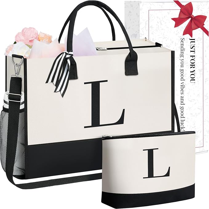 BAGAIL Initial Tote Bag, Personalized Birthday Gifts for Women, Teacher, Friends, Mom, Wedding, Monogrammed Beach Bag