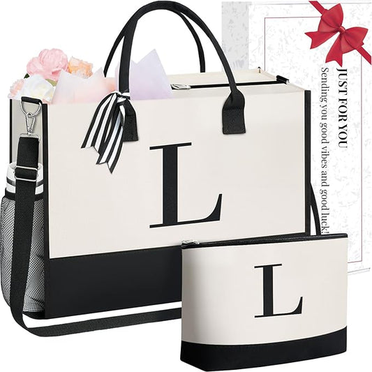 BAGAIL Initial Tote Bag, Personalized Birthday Gifts for Women, Teacher, Friends, Mom, Wedding, Monogrammed Beach Bag